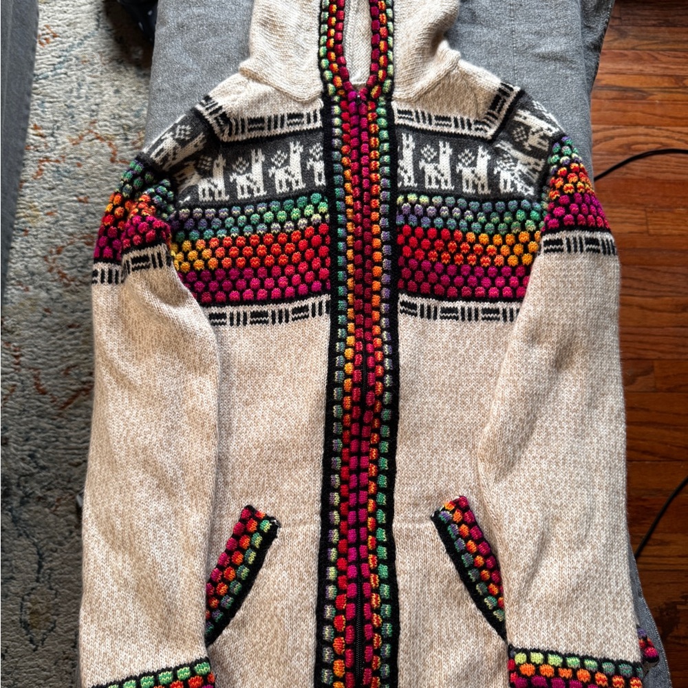 Multicolor Knit Hooded Cardigan with Llama Design